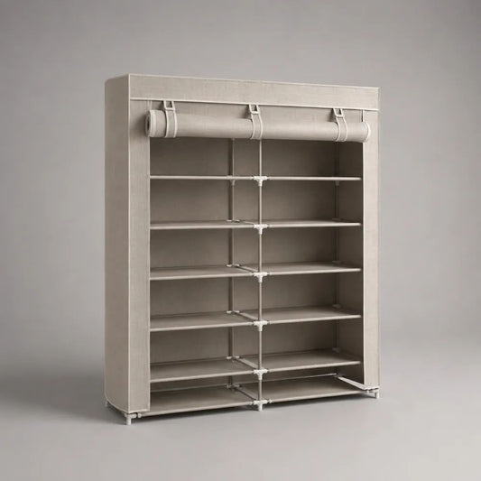 Meuble à chaussures 12 compartiments en acier et polypropylène non tissé beige, 110 × 30 × 160 cm