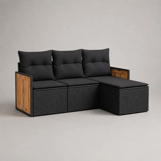 Canapé de jardin d’angle modulable 3 places avec repose-pieds en résine tressée PE, métal et bois, noir et brun naturel, 219 × 141 × 88 cm